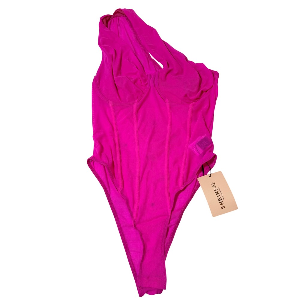 SHEINBAE Women Hot Pink One Shoulder Mesh Corset Bodice Bodysuit New Size 0XL